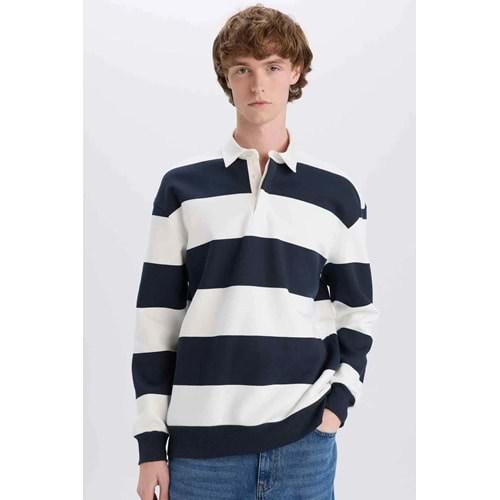 Defacto Boxy Fit Polo Yaka Çizgili Sweatshirt