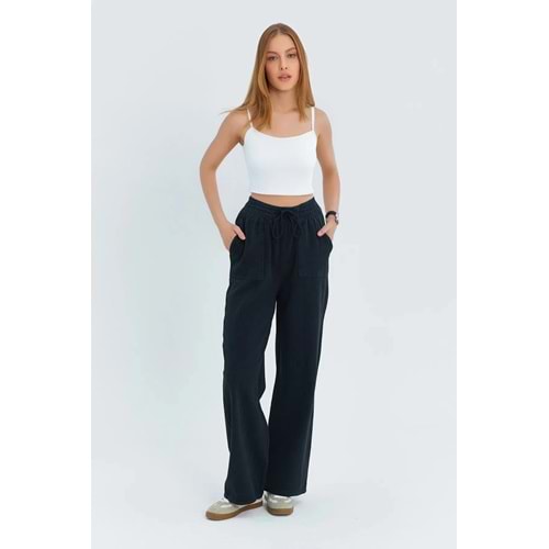 Trendyolmilla Siyah Cep Detaylı Kot Görünümlü Wide Leg/Geniş Paça Dokuma Pantolon