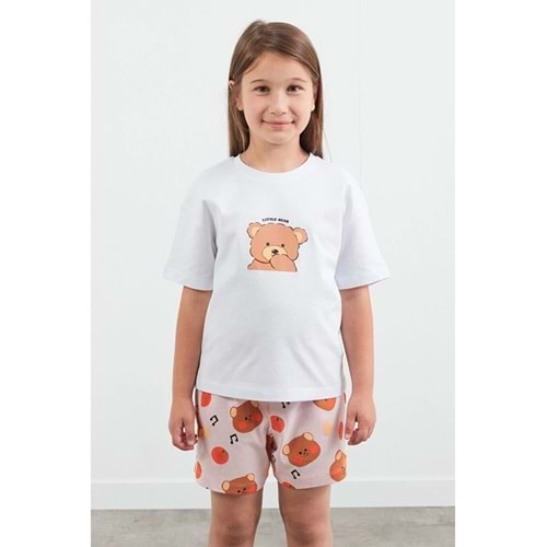 Fullamoda Pembe %100 Pamuk Ayıcık Baskılı Unisex Şortlu Pijama Takımı