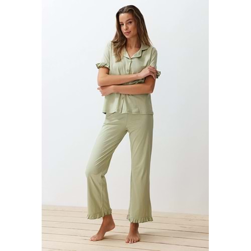 Trendyolmilla Mint %100 Pamuklu Fırfır Detaylı Örme Pijama Takımı