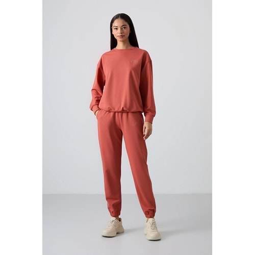Tommylife Kahverengi Tarçın Bisiklet Yaka Oversize Lastik Paça Kadın Eşofman Takımı