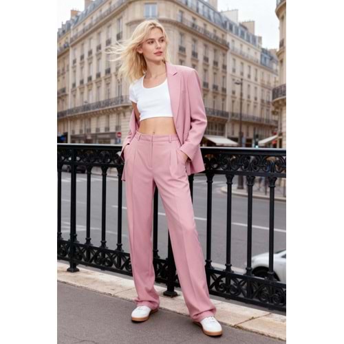 Açık Pembe Straight/Düz Kesim Dokuma Kumaş Pantolon