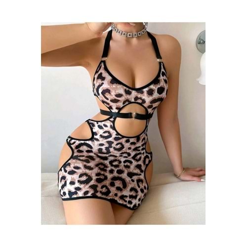 Fantazi Leopar Desenli Seksi Kostüm Fantezi Şık Mini Etekli Gecelik Fantazi Hizmetçi Kostüm