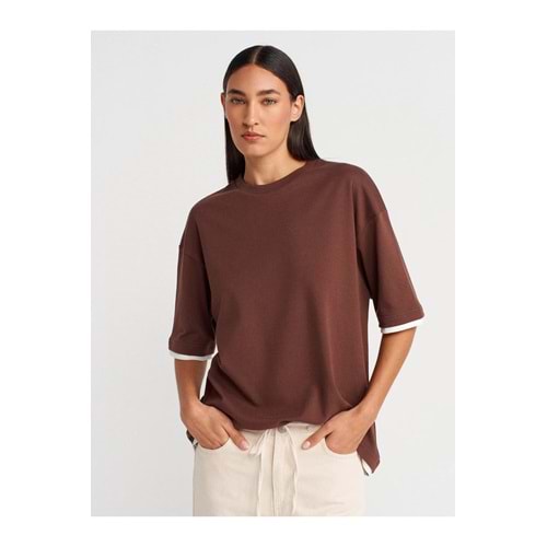 Dilvin 31894 %100 Pamuk Çift Görünümlü Oversize T-shirt