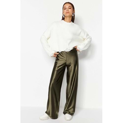 Haki Saten Wideleg/Geniş Paça Örme Pantolon