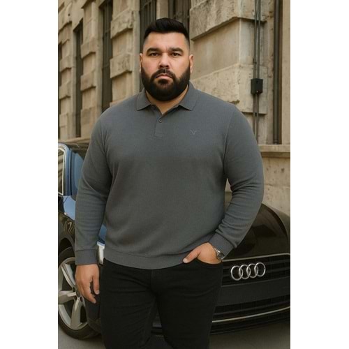 macalli Erkek Büyük Beden Kışlık Bol Füme Polo Yaka Kazak