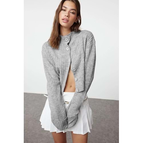 Trendyolmilla Koyu Gri Crop Yumuşak Dokulu Dik Yaka Triko Hırka