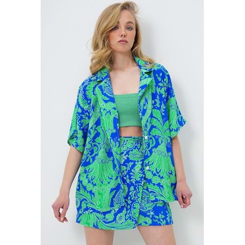 Trend Alaçatı Stili Kadın Saks Ceket Yaka Oversize Poplin Gömlek