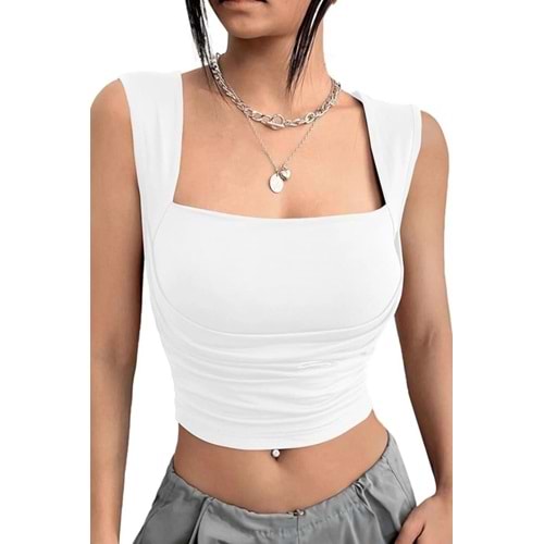 World Fashion Trends Kare Yaka Büzgü Detaylı Esnek Ekru Crop Bluz