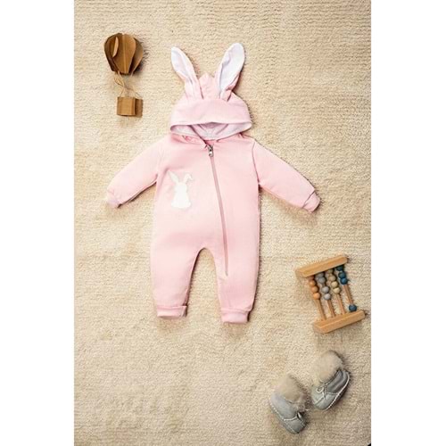 Pembe Ponponlu Tavşan Nakışlı Fermuarlı Kulaklı Bebek Tulumu