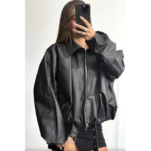 Siyah Yeni Sezon Trend Kemerli Bomber Deri Ceket