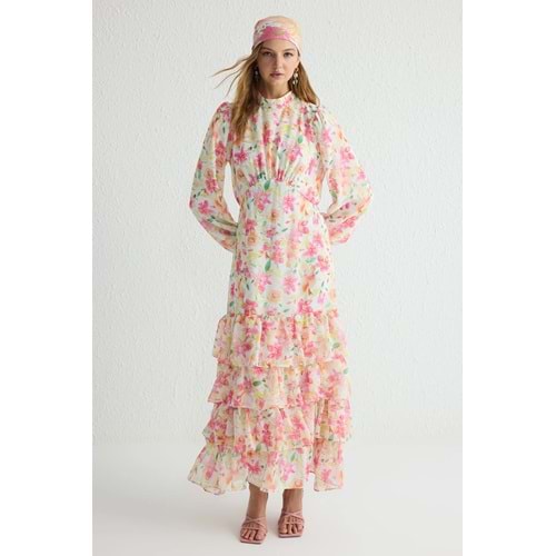 Trendyolmilla Modest Çiçekli Hakim Yaka Fırfırlı Dokuma Şifon Elbise