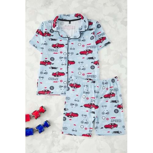 Bebe Mavisi Erkek Çocuk Pamuklu Araba Baskılı Örme Alt Üst Pijama Takımı