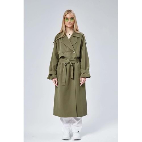 Haki Oversize Kruvaze Kapama Rüzgarlık Detaylı Trençkot