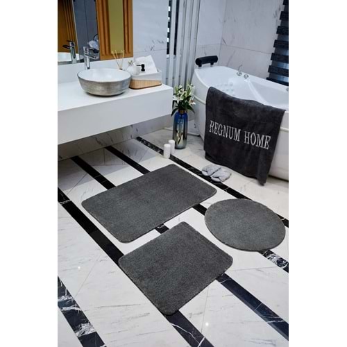 Banyo Paspası Üçlü Takım Antrasit Renk Peluş Kaymaz Taban Yıkanabilir