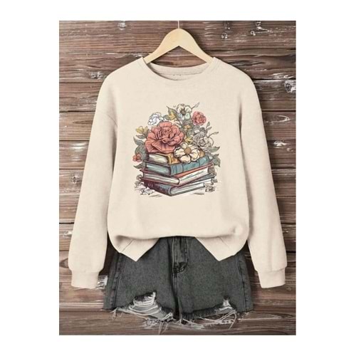 itap Ve Çiçek Baskı Detaylı Bisiklet Yaka İçi Polarlı Sweatshirt