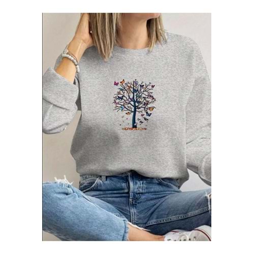 Mini Kelebekler Baskılı Bisiklet Yaka İçi Polarlı Sweatshirt
