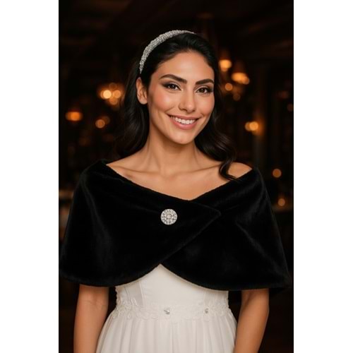 Elegance Scarf Kısa Broşlu Kürk Etol Gelin Bolero Siyah Standart Ebat