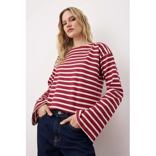 Bordo Kalın Pamuklu Çizgili Regular/Normal Kalıp ÖrmeT-Shirt