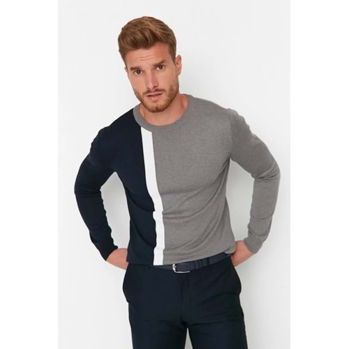Slim Fit Pamuklu Bisiklet Yaka Renk Bloklu Triko Kazak
