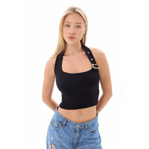 Siyah Boyundan Bağlamalı Kemer Detaylı Bluz Ayarlanabilir Crop