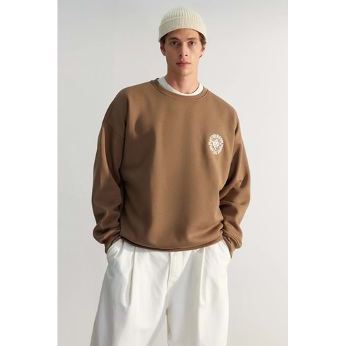 Kahverengi Oversize/Geniş Kesim Çiçek Nakış İçi Polar/Sıcak Tutan Pamuk Sweatshirt TMNAW24SW00012