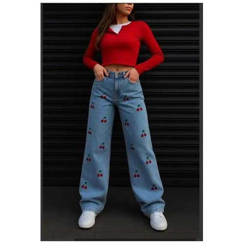 Kiraz Nakışlı Baggy Jean