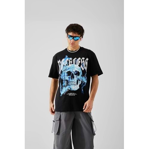 Reckless Skull Baskılı Siyah Oversize Tişört