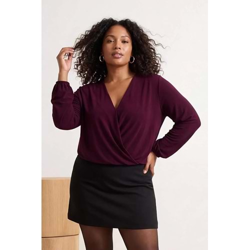 Trendyolmilla Curve Mor Balon Kol Kruvaze Yaka Örme Crop Bluz