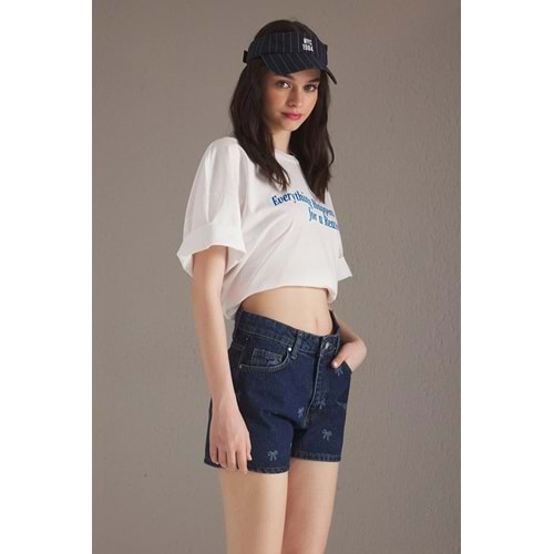 Trendyolmilla Mavi Kurdele Baskı Detaylı Yüksek Bel City Boy Denim Şort