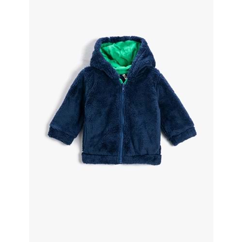 Erkek Bebek Basic Peluş Hırka Fermuarlı Kapüşonlu