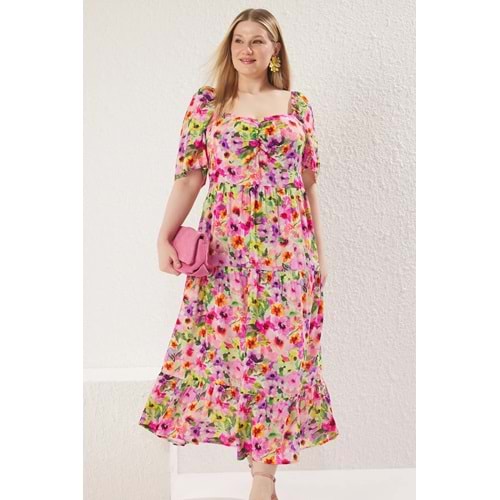 Trendyolmilla Curve Çok Renkli-Pembe Çiçek Desenli Dokuma Fırfır Detaylı Elbise