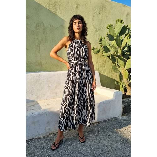 Trendyolmilla Siyah Animal Shift Shally Maxi Dokuma Elbise