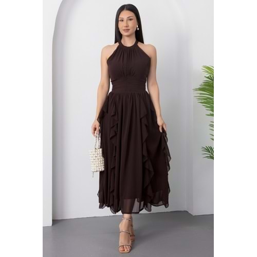 Halter Yaka Fırfırlı Şifon Elbise