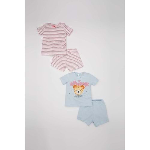 DEFACTO Kız Bebek 4'lü Pijama Takımı Baskılı Kısa Kollu Penye Üst Şort