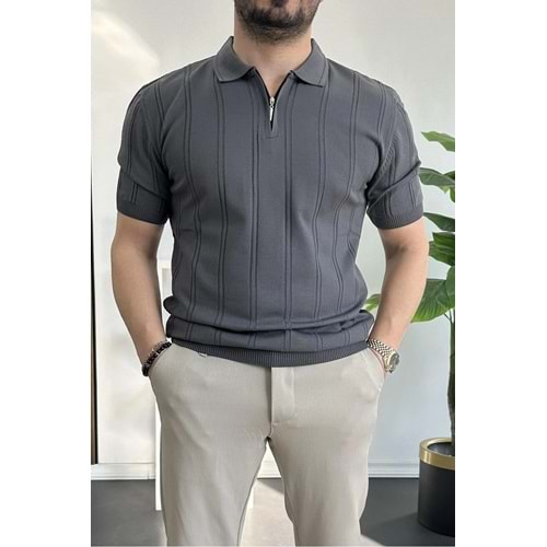 Erkek Polo Yaka Fermuarlı Desenli Tişört Füme