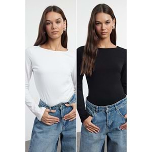 Trendyolmilla Siyah-Ekru İkili Paket Kayık Yaka Fitted/Vücuda Oturan Örme Bluz