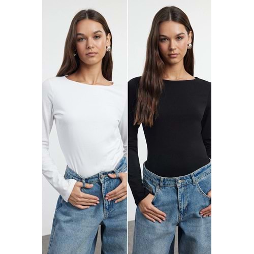 Trendyolmilla Siyah-Ekru İkili Paket Kayık Yaka Fitted/Vücuda Oturan Örme Bluz