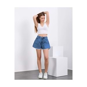 By Caspita Fashion Kadın Yüksek Bel Kısa Mavi Yıkamalı Denim Likrasız Kot Şort Paça Püsküllü Çan Model