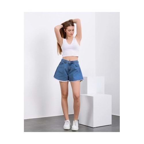 By Caspita Fashion Kadın Yüksek Bel Kısa Mavi Yıkamalı Denim Likrasız Kot Şort Paça Püsküllü Çan Model
