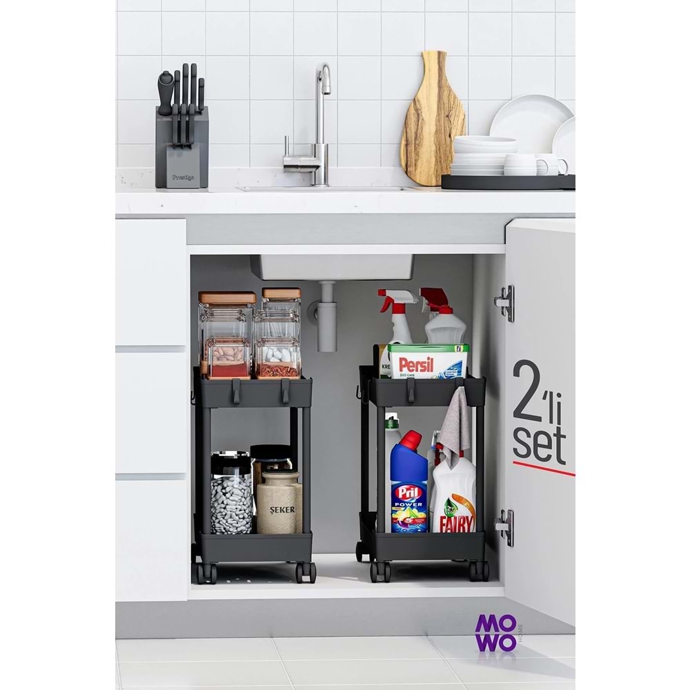 Mowo Home 2 katlı, tekerlekli, mutfak, banyo rafı