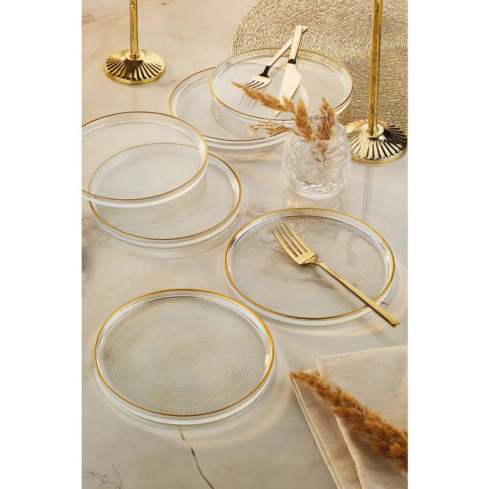 Fecra 6'lı, pasta tabağı, gold fileli, 16cm