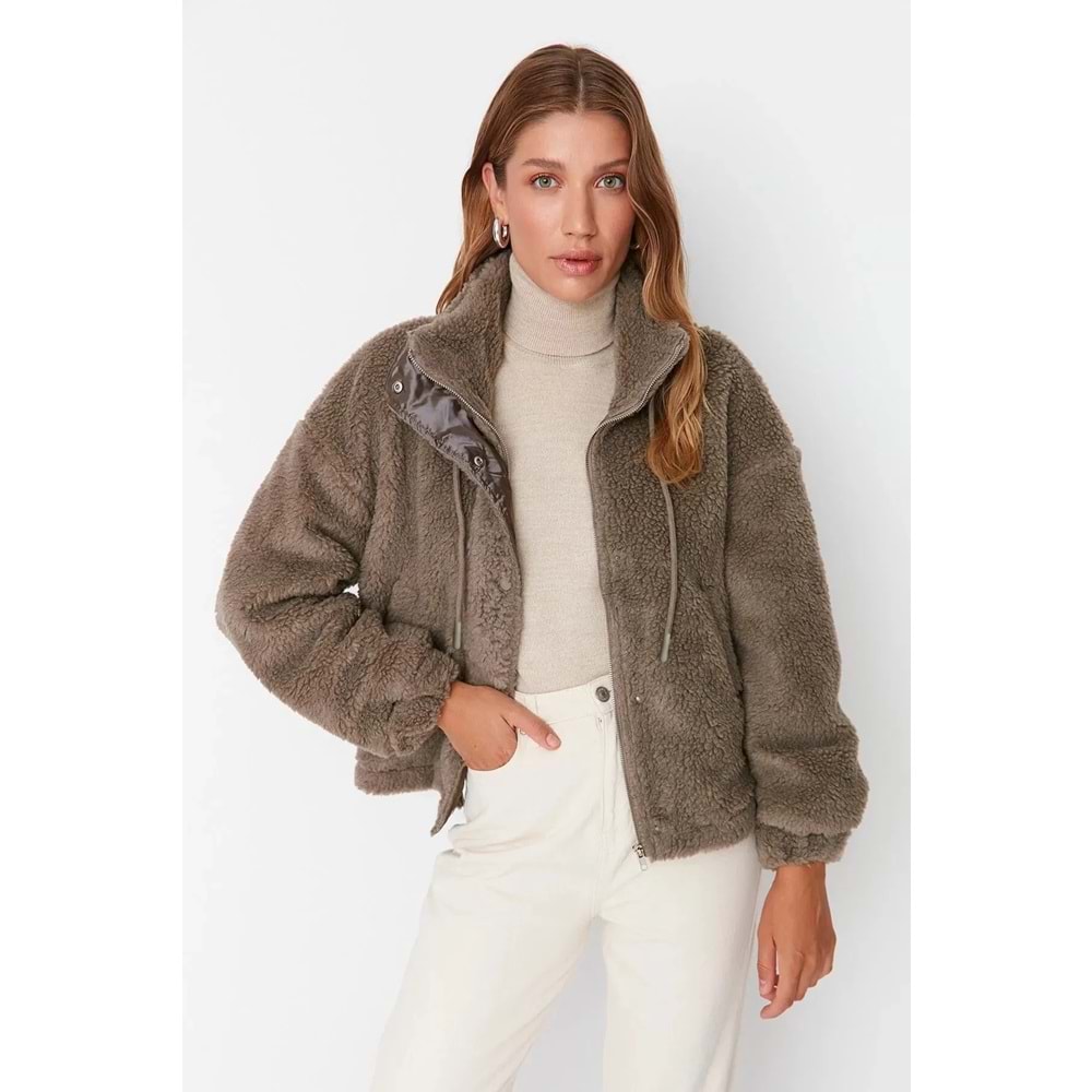 ****FERMUAR DEFOLU****Vizon Oversize Kalıp Fermuarlı Peluş Ceket Mont