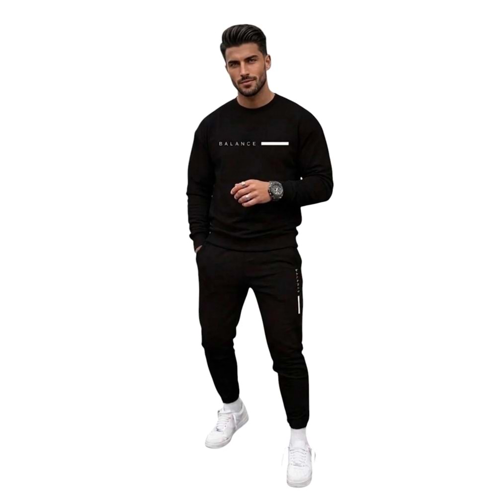 SAAT TEKSTİL Erkek Siyah Balance Yazlılı Oversize Eşofman Takım