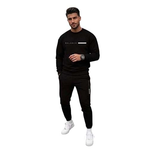 SAAT TEKSTİL Erkek Siyah Balance Yazlılı Oversize Eşofman Takım