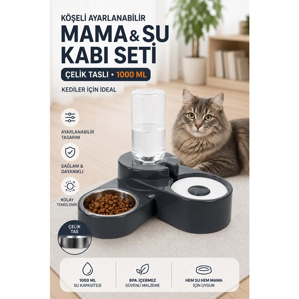 Miapet Köşeli Ayarlanabilir Hazneli Çelik Taslı Kedi-köpek Mama Ve Su Kabı Seti 1000ml