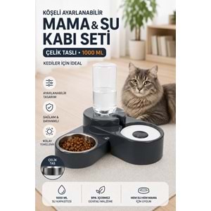Miapet Köşeli Ayarlanabilir Hazneli Çelik Taslı Kedi-köpek Mama Ve Su Kabı Seti 1000ml