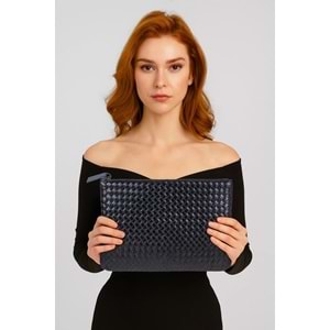Hasır Siyah Desen Dokuma Kabartmalı Clutch Portföy El Çantası