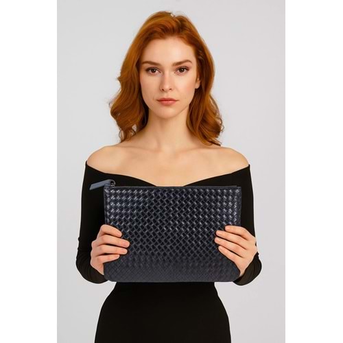 Hasır Siyah Desen Dokuma Kabartmalı Clutch Portföy El Çantası