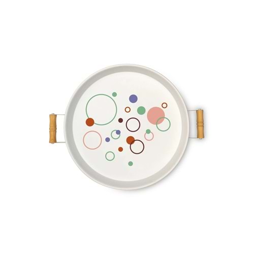 hemlife 37 Cm Baskılı Ahşap Kulplu Metal Tepsi Çay Tepsisi Kahve Tepsisi Sunum Tepsisi